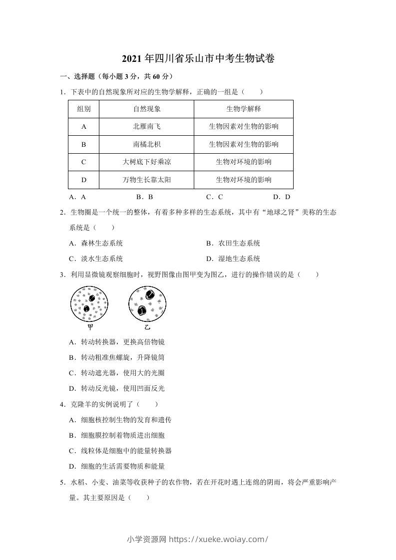 2021年四川省乐山市中考生物真题（word，含答案）-六八学科资料网