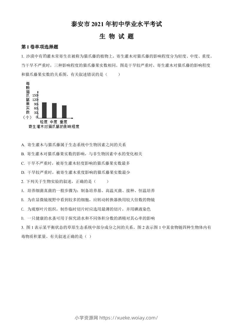 山东省泰安市2021年中考生物试题（空白卷）-六八学科资料网