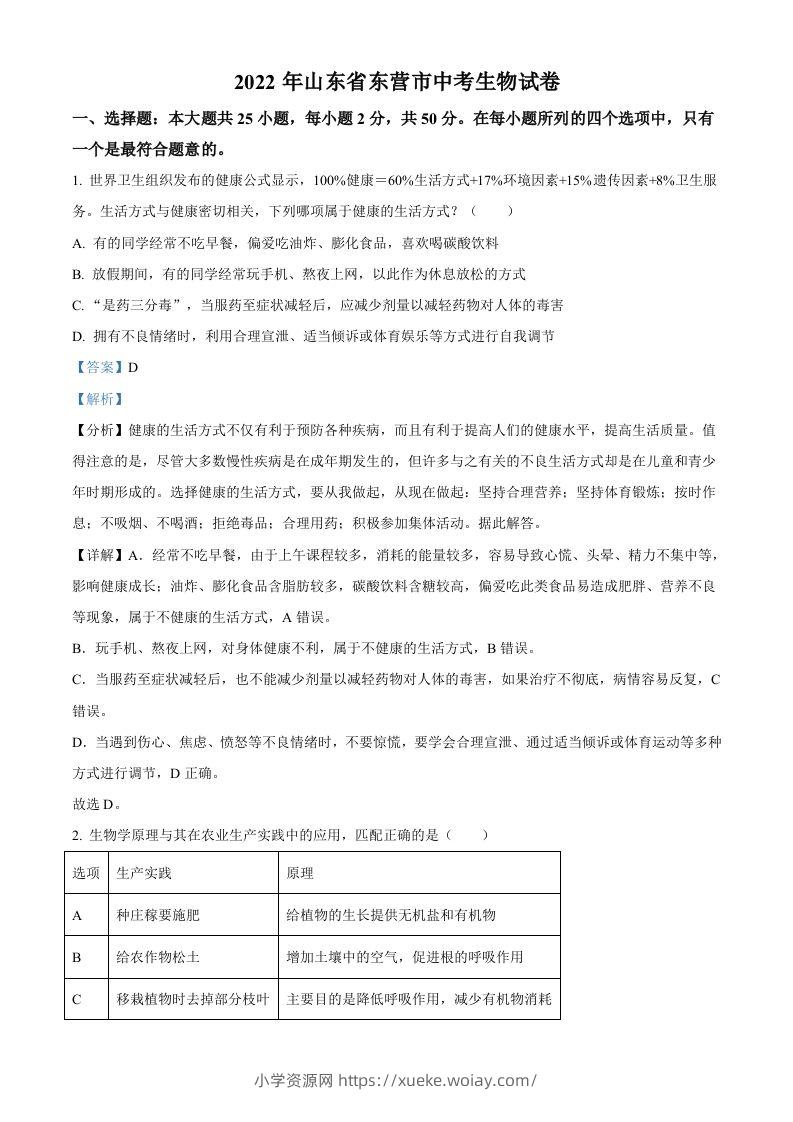 2022年山东省东营市中考生物真题（含答案）-六八学科资料网