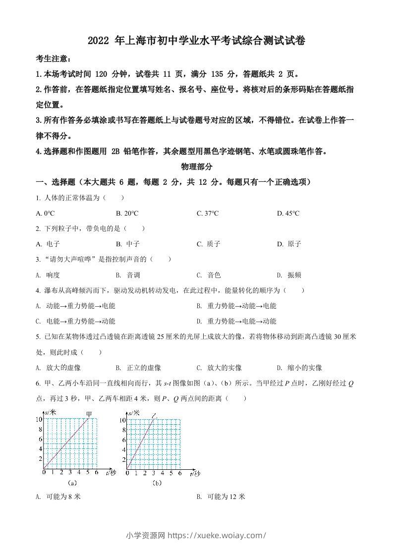2022年上海市中考物理试题（空白卷）-六八学科资料网