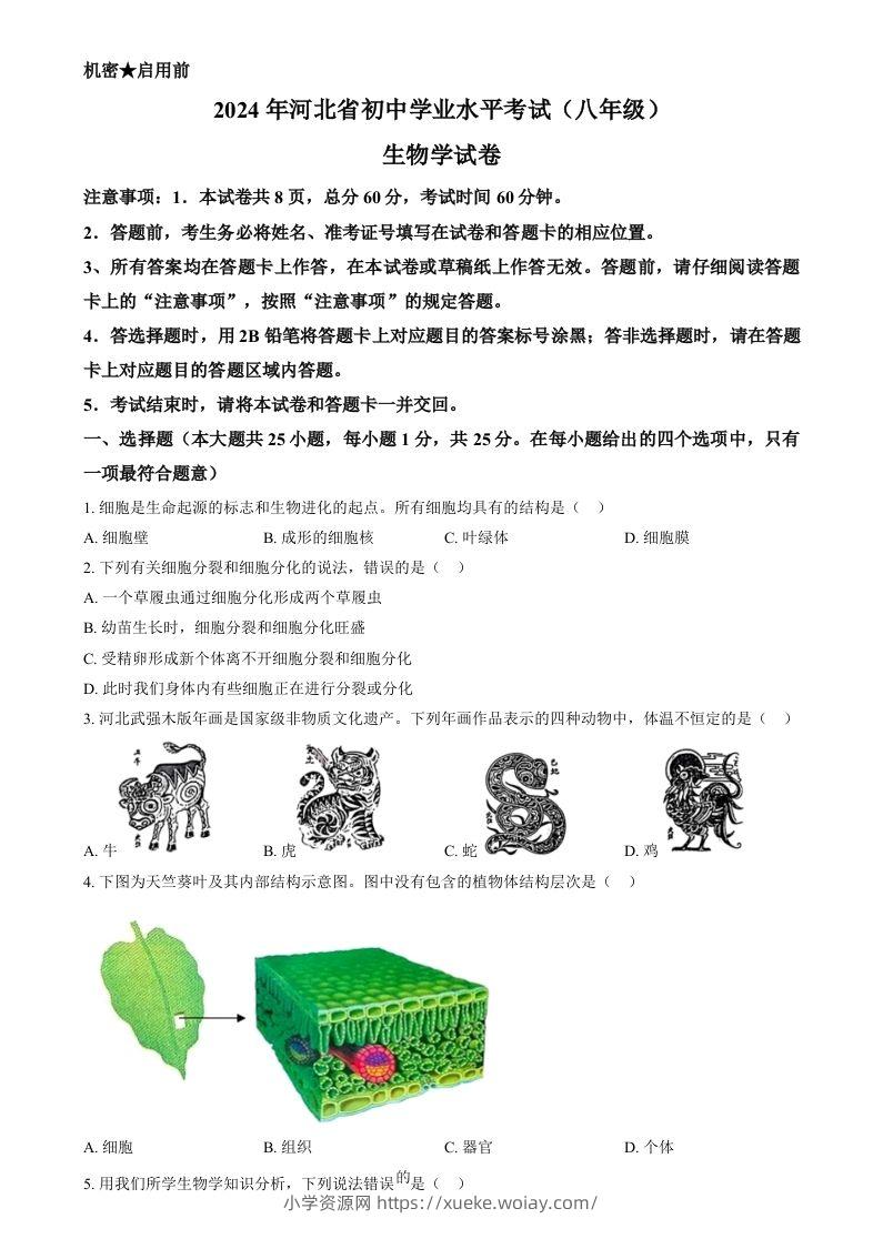 2024年河北省八年级中考生物真题（空白卷）-六八学科资料网