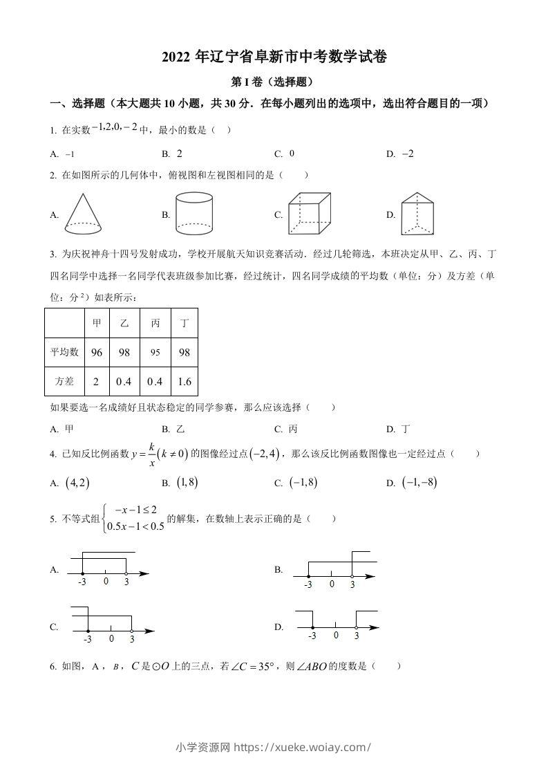 2022年辽宁省阜新市中考数学试卷（空白卷）-六八学科资料网