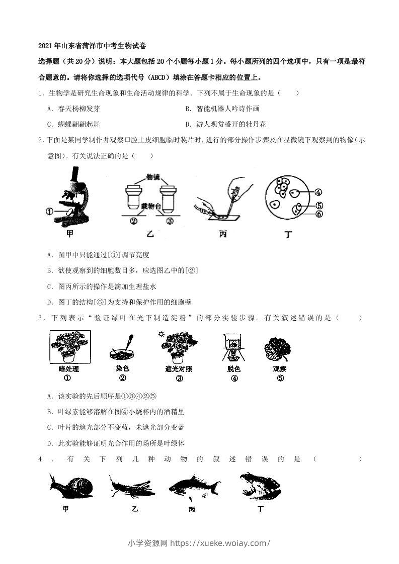 2021年山东省菏泽市中考生物真题（word，含答案）-六八学科资料网