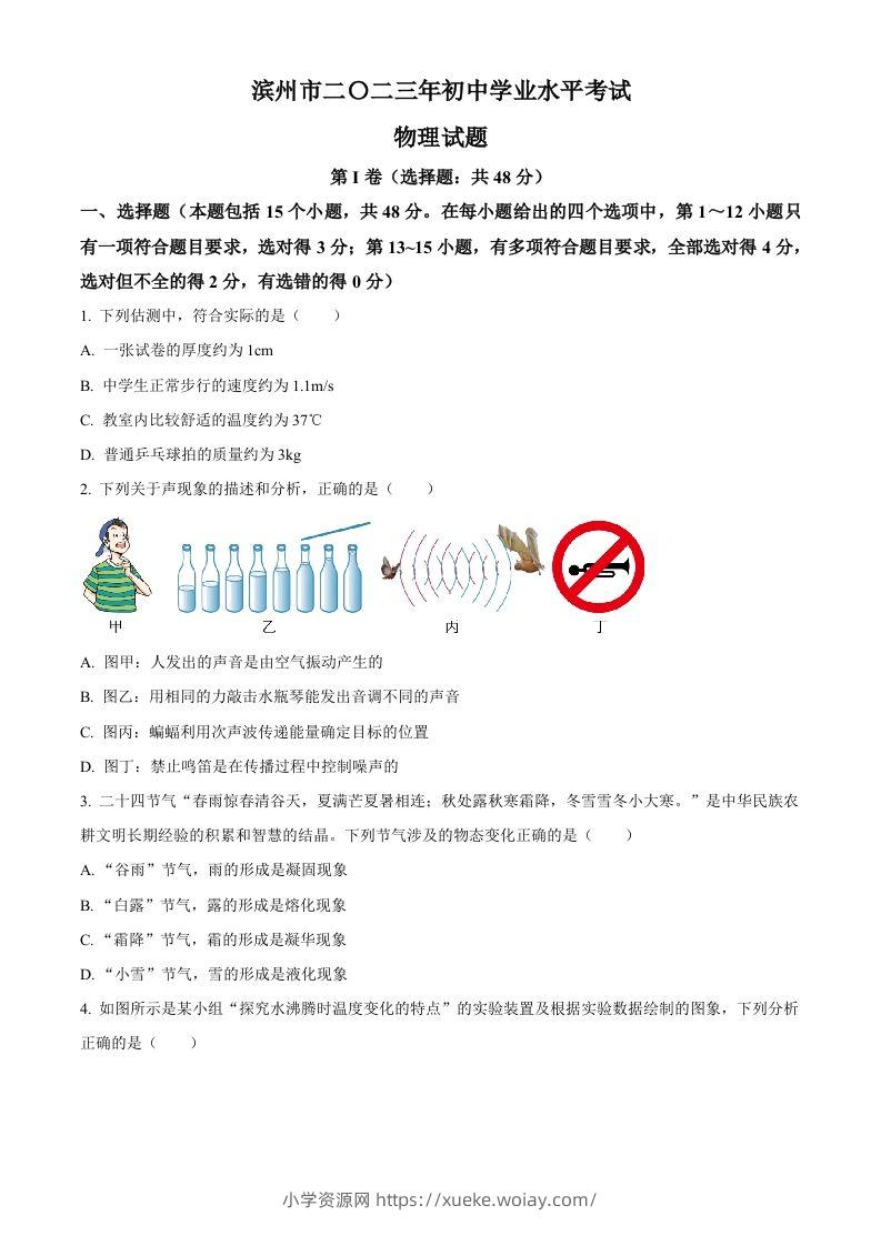 2023年山东省滨州市中考物理试题（空白卷）-六八学科资料网