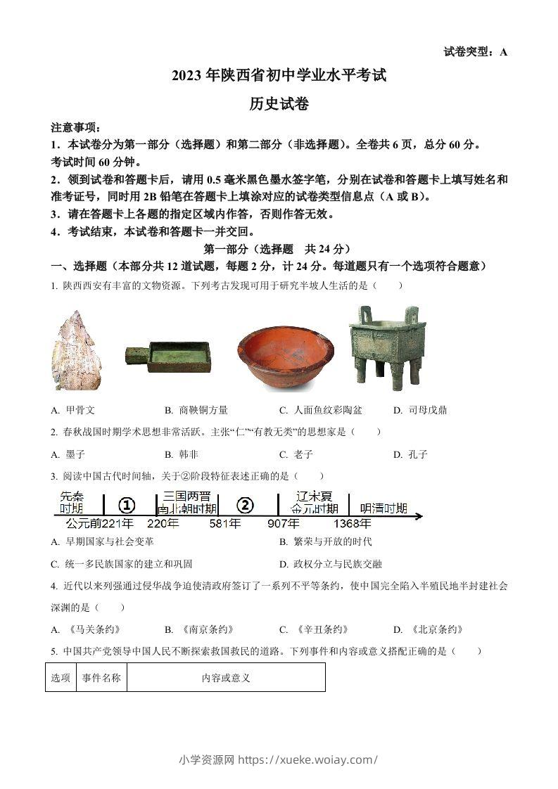2023年陕西省中考历史真题（A卷）（空白卷）-六八学科资料网