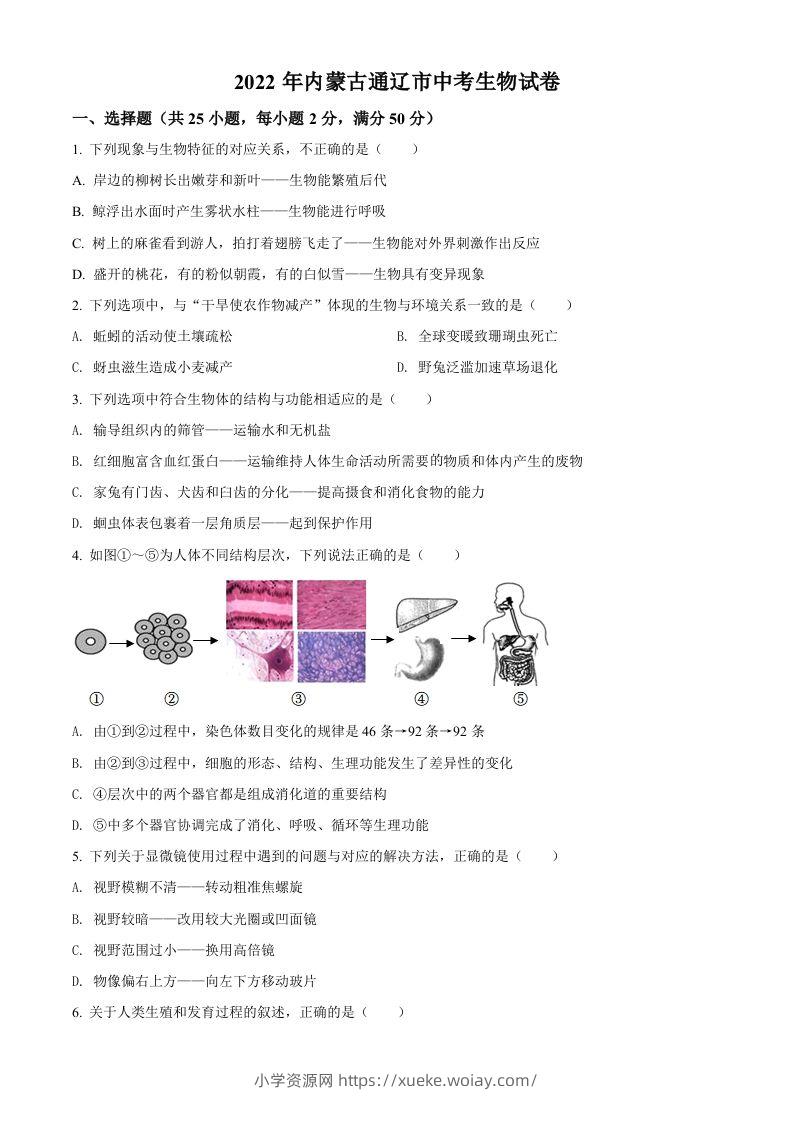 2022年内蒙古通辽市中考生物真题（空白卷）-六八学科资料网