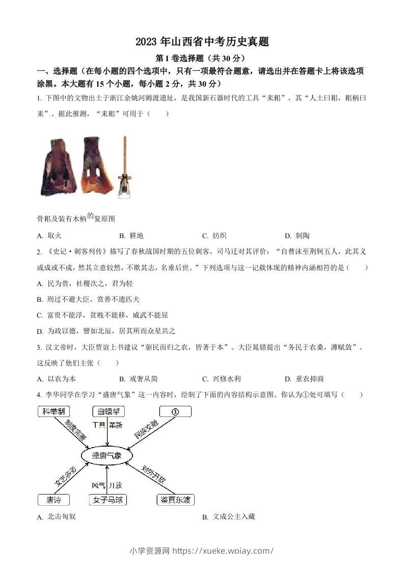 2023年山西省中考历史真题（空白卷）-六八学科资料网
