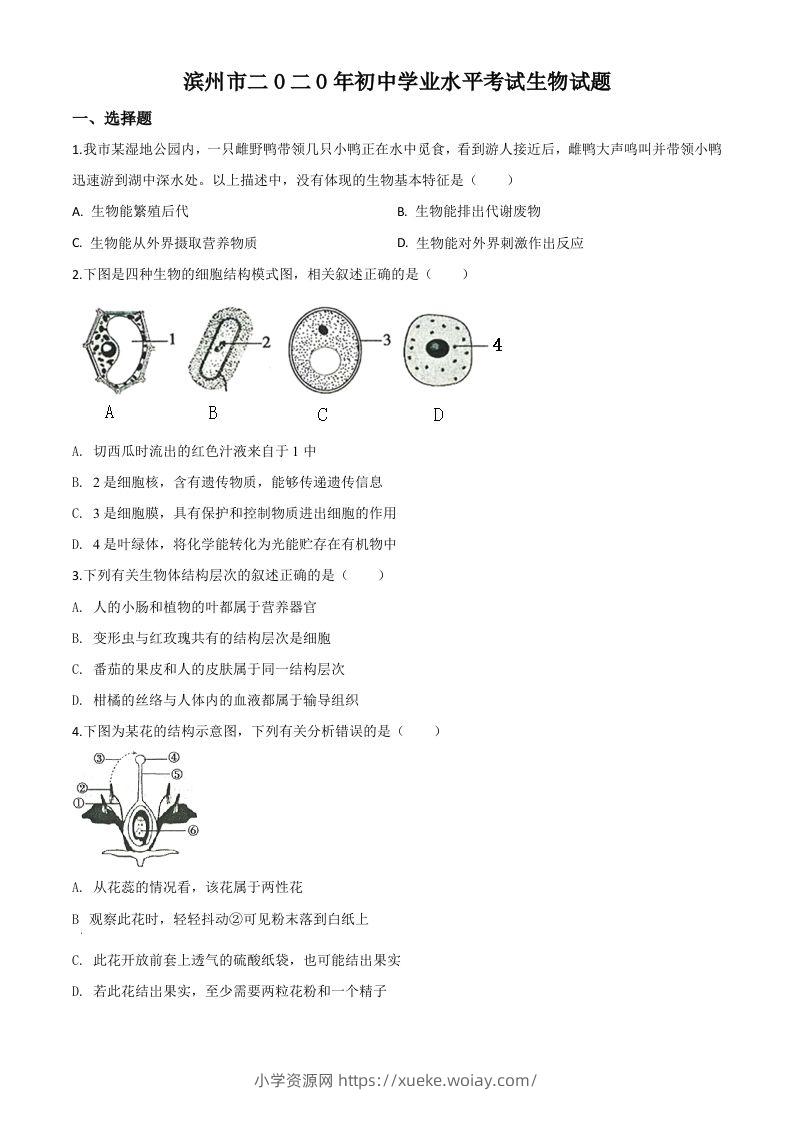 山东省滨州市2020年中考生物试题（空白卷）-六八学科资料网