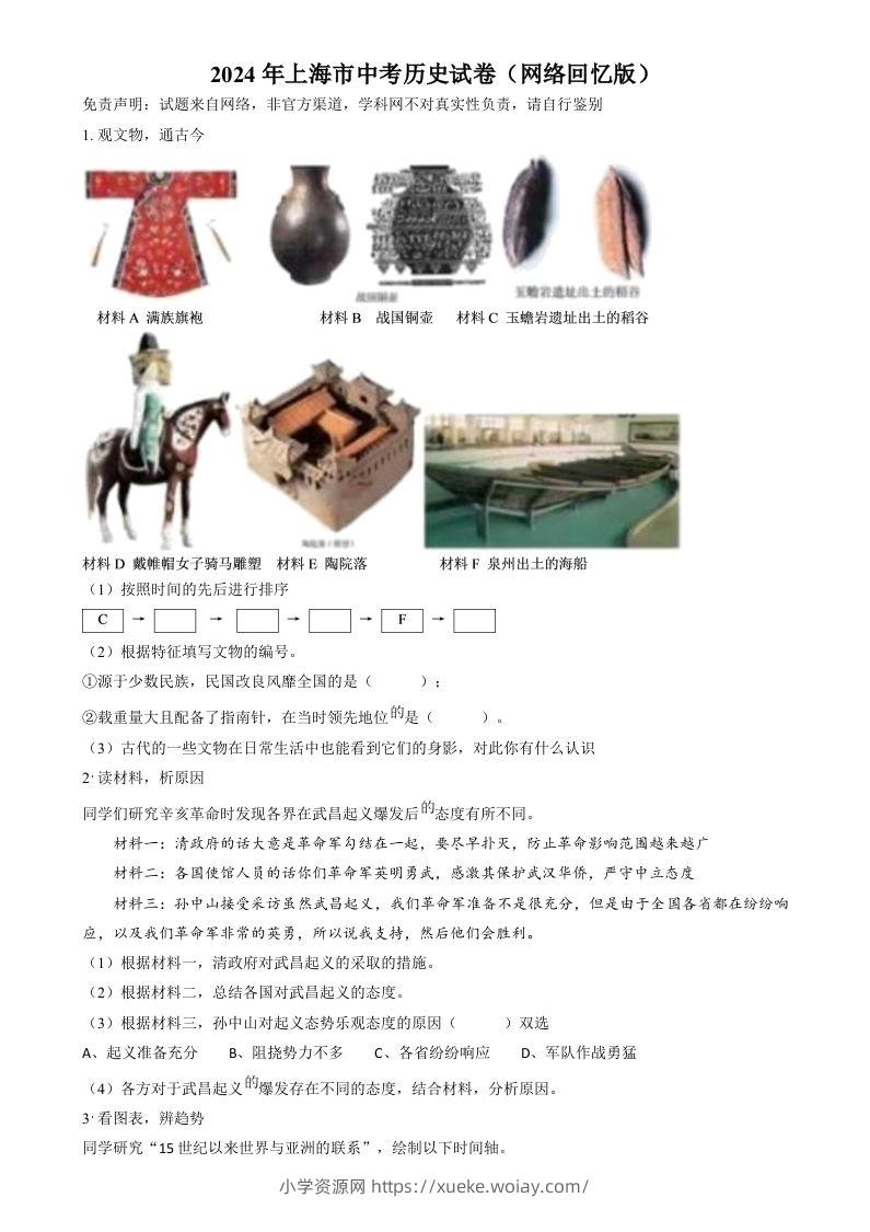 2024年上海市中考历史试题（网络回忆版）（空白卷）-六八学科资料网