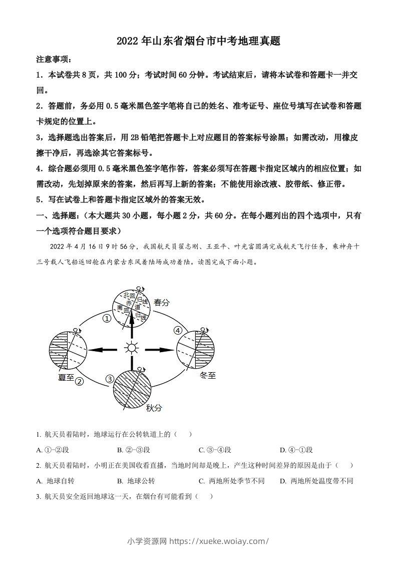 2022年山东省烟台市中考地理真题（空白卷）-六八学科资料网