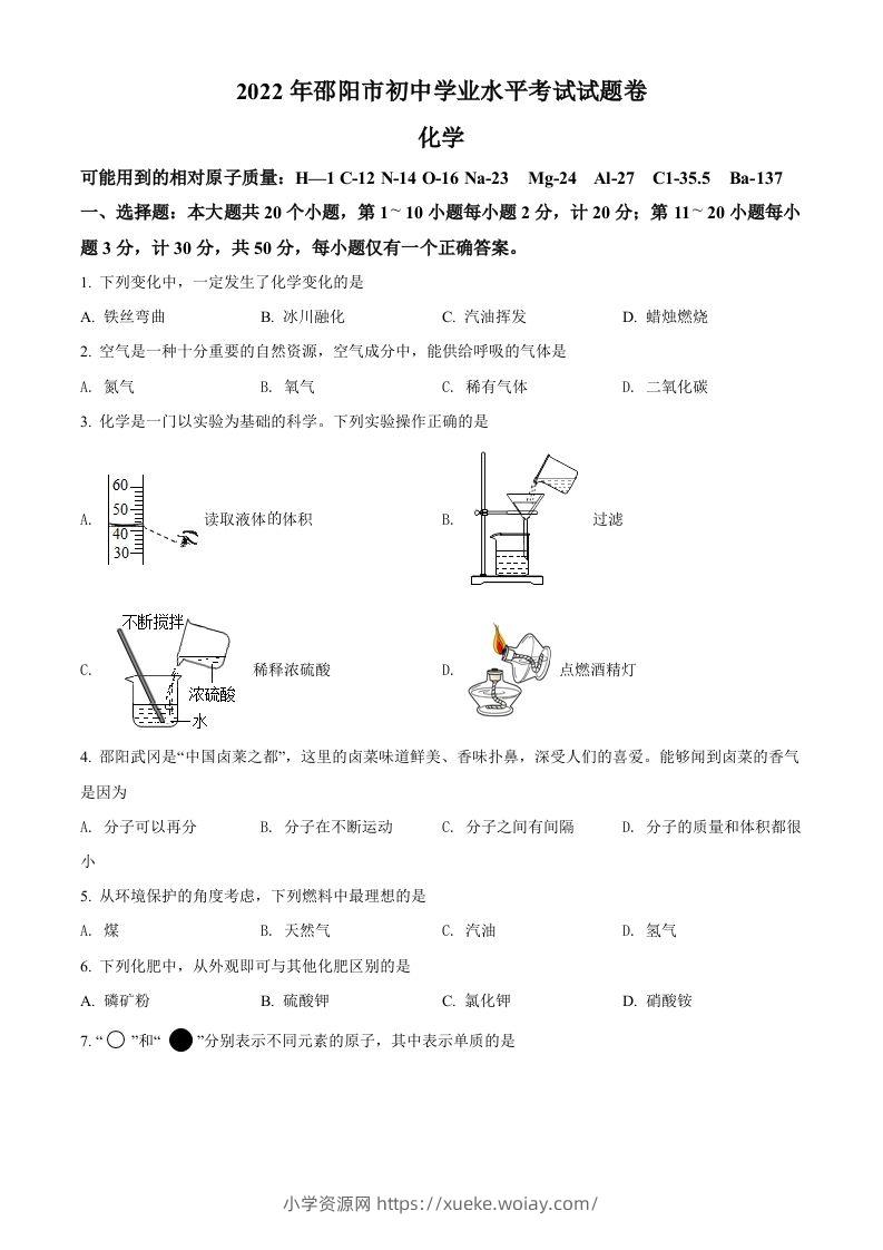 2022年湖南省邵阳市初中学业水平模拟考试化学试题（空白卷）-六八学科资料网