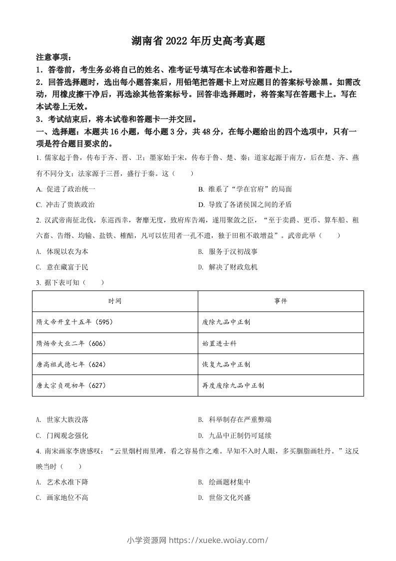 2022年高考历史试卷（湖南）（空白卷）-六八学科资料网