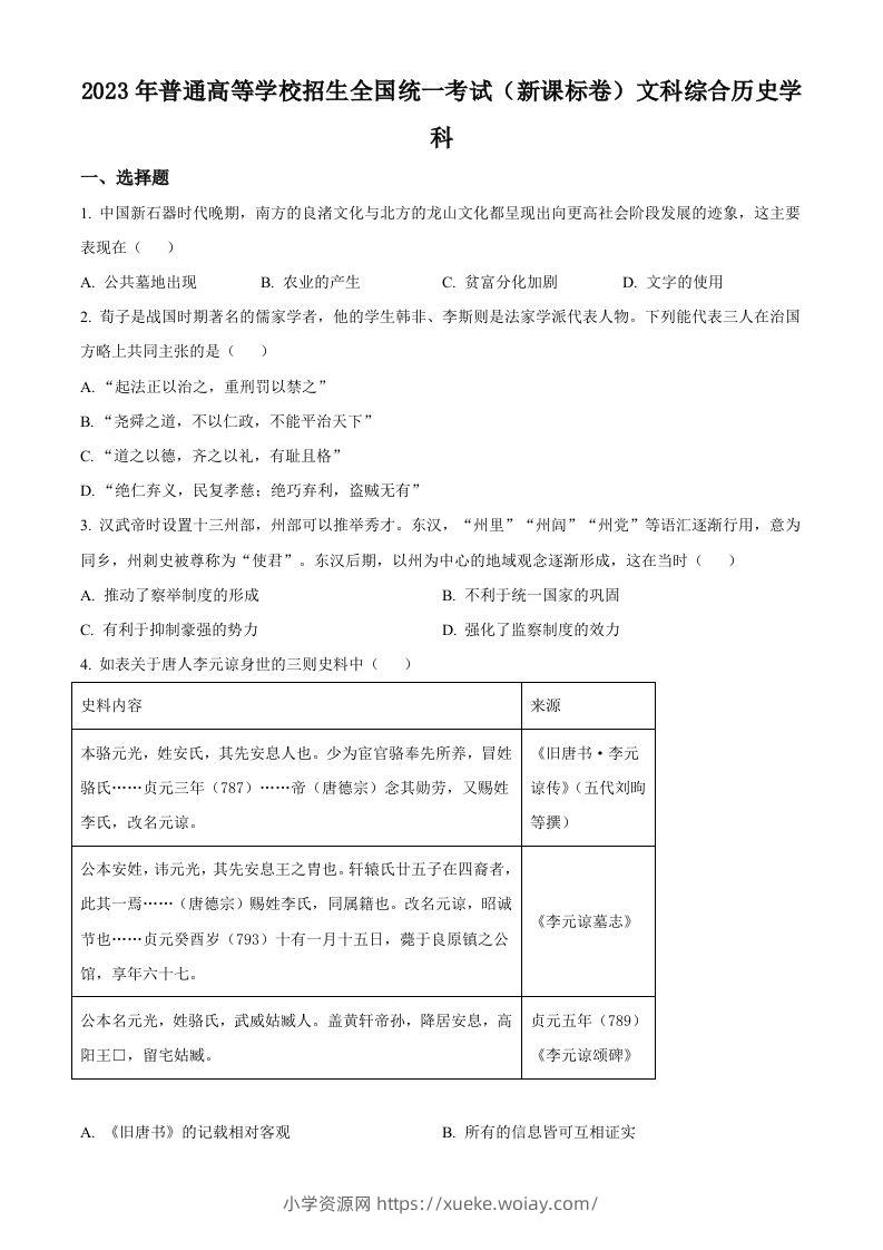 2023年高考历史试卷（新课标）（空白卷）-六八学科资料网