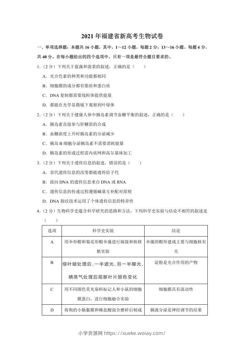 2021年高考生物试卷（福建）（空白卷）-六八学科资料网