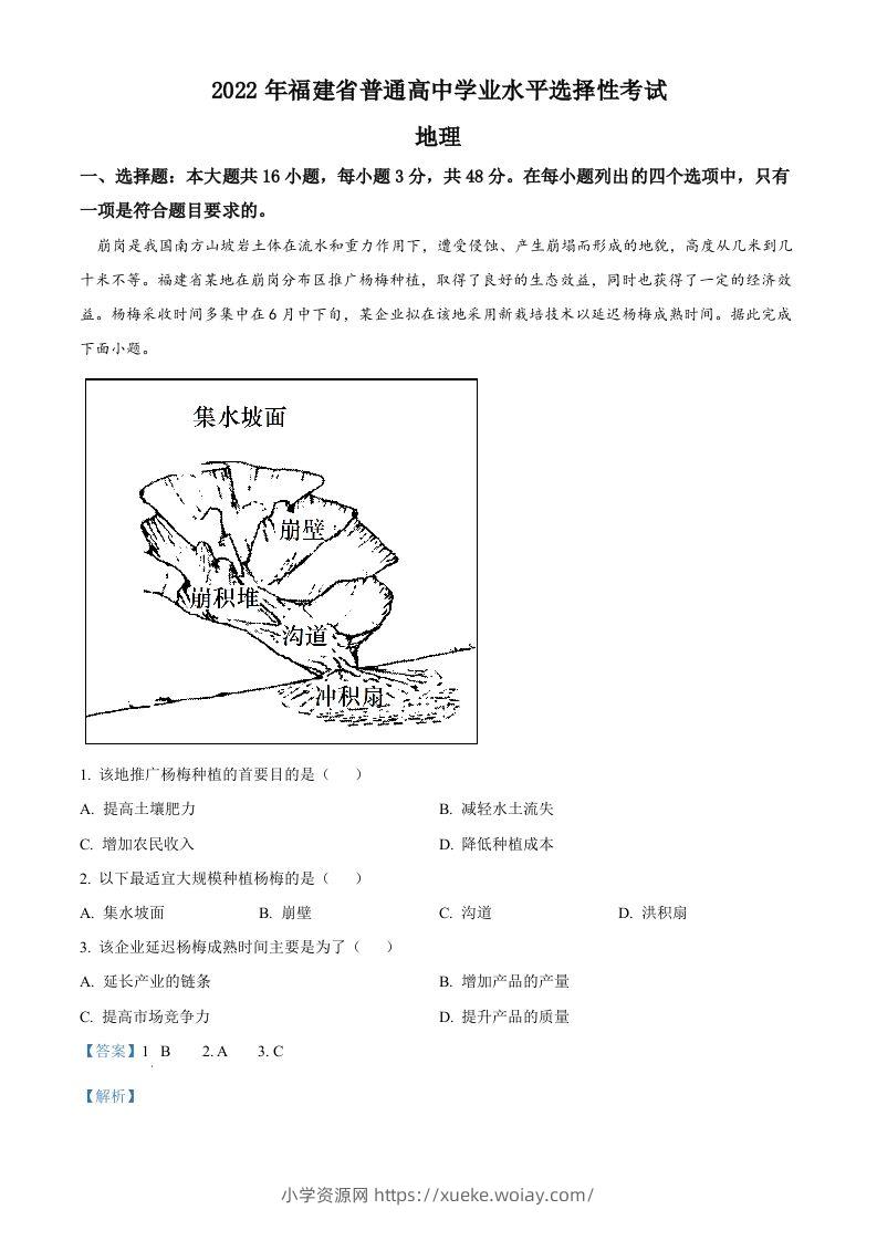 2022年高考地理试卷（福建）（含答案）-六八学科资料网