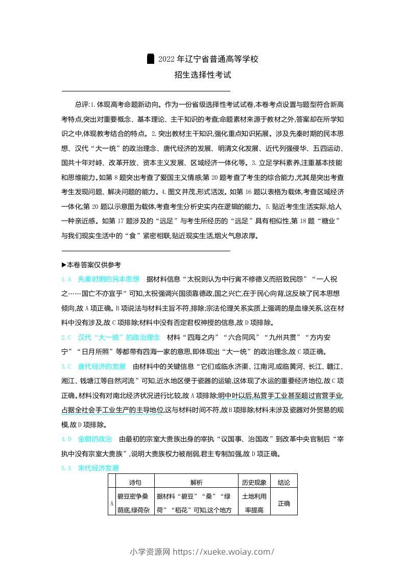 2022年高考历史试卷（辽宁）（含答案）-六八学科资料网