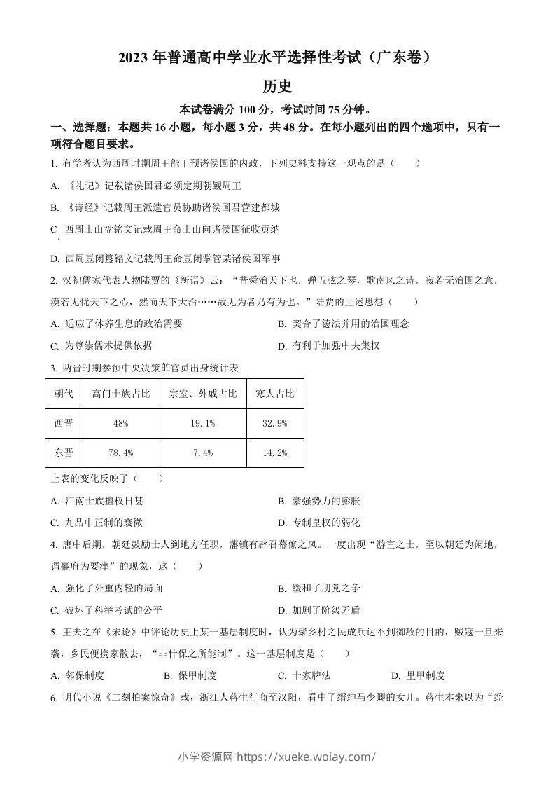 2023年高考历史试卷（广东）（空白卷）-六八学科资料网