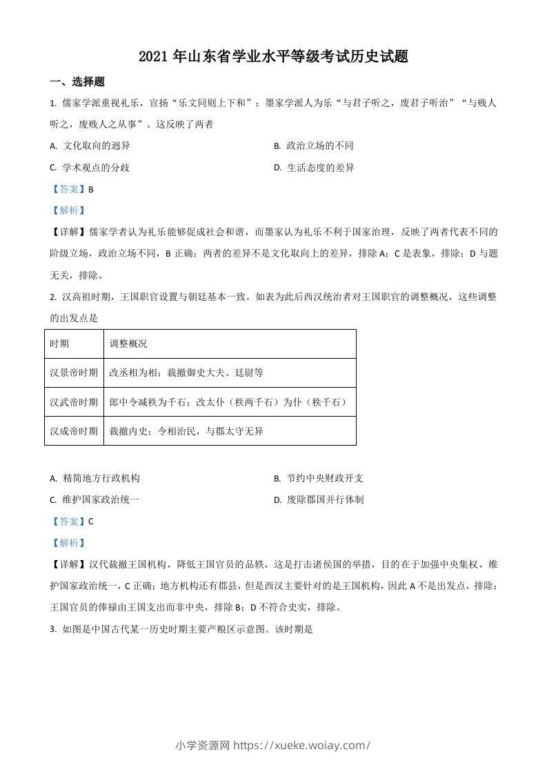 2021年高考历史试卷（山东）（含答案）-六八学科资料网