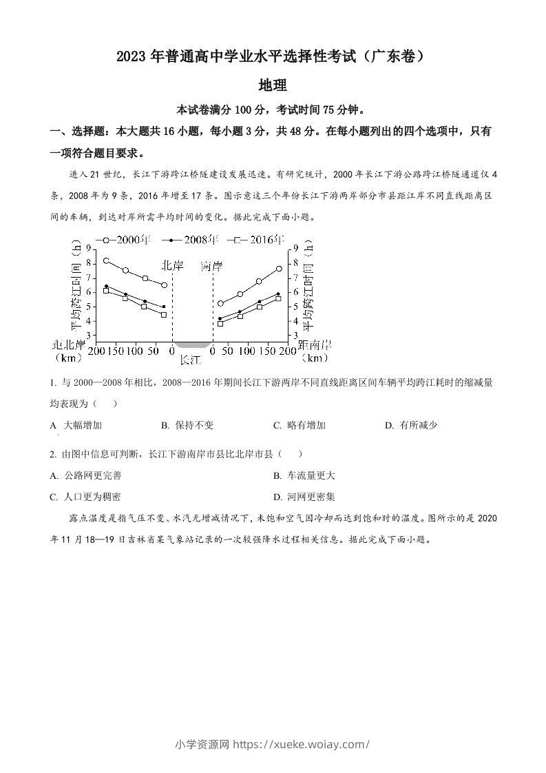 2023年高考地理试卷（广东）（空白卷）-六八学科资料网