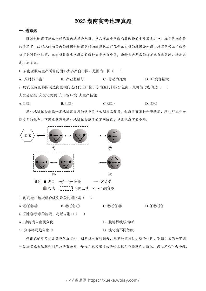 2023年高考地理试卷（湖南）（空白卷）-六八学科资料网