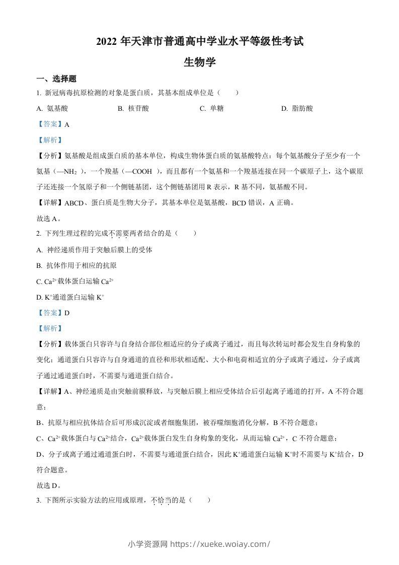 2022年高考生物试卷（天津）（空白卷）-六八学科资料网