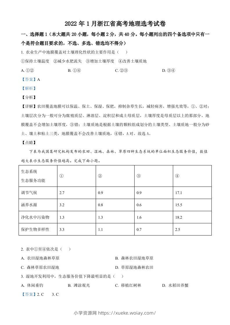 2022年高考地理试卷（浙江）（1月）（含答案）-六八学科资料网