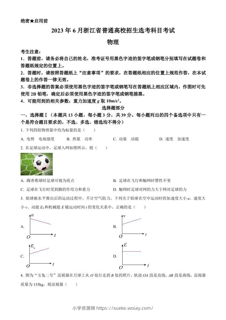 2023年高考物理试卷（浙江）【6月】（空白卷）-六八学科资料网