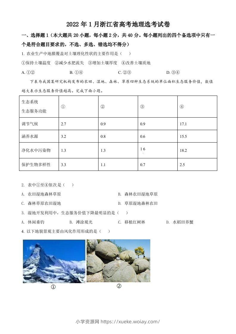 2022年高考地理试卷（浙江）（1月）（空白卷）-六八学科资料网