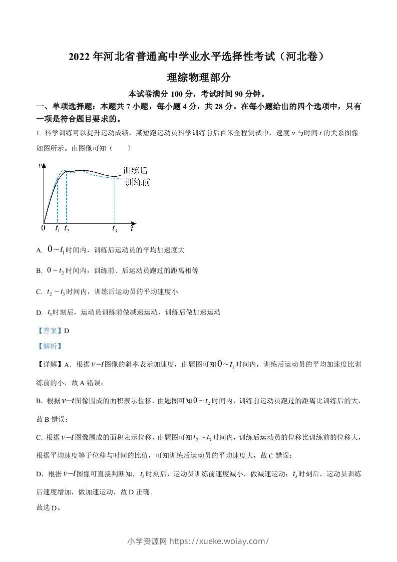 2022年高考物理试卷（河北）（含答案）-六八学科资料网