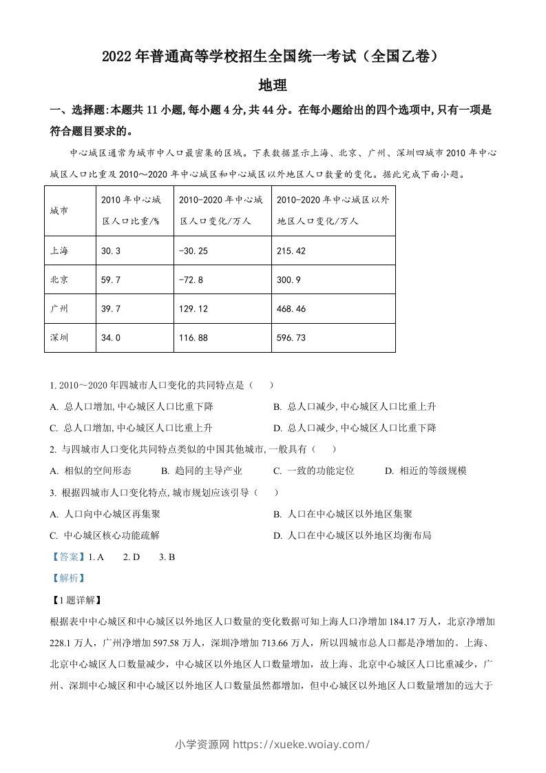 2022年高考地理试卷（全国乙卷）（含答案）-六八学科资料网