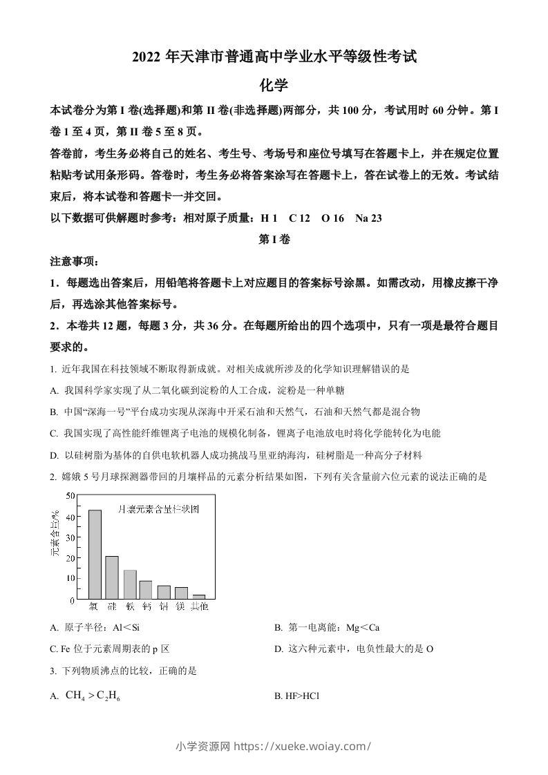 2022年高考化学试卷（天津）（空白卷）-六八学科资料网