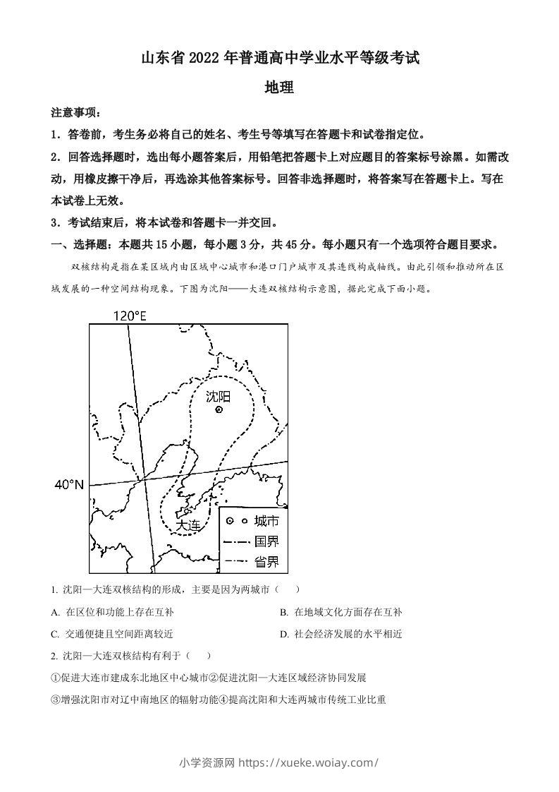 2022年高考地理试卷（山东）（空白卷）-六八学科资料网
