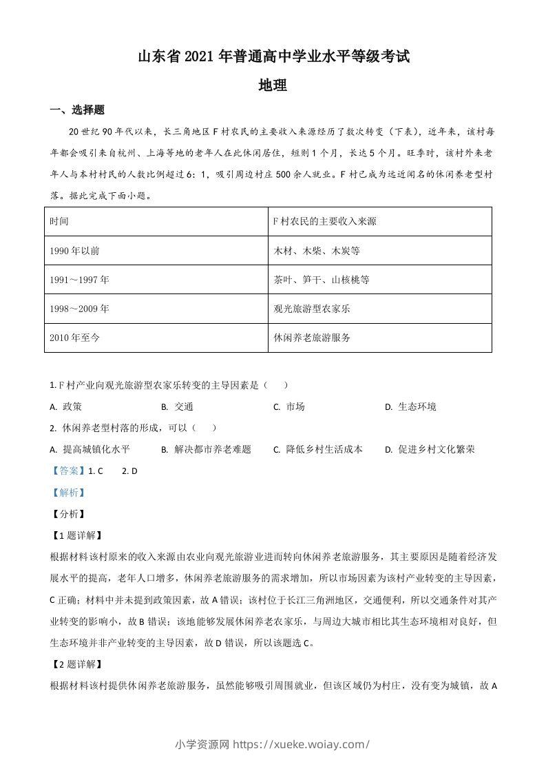 2021年高考地理试卷（山东）（含答案）-六八学科资料网