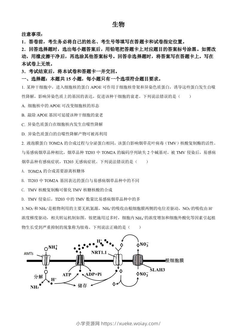2022年高考生物试卷（山东）（空白卷）-六八学科资料网