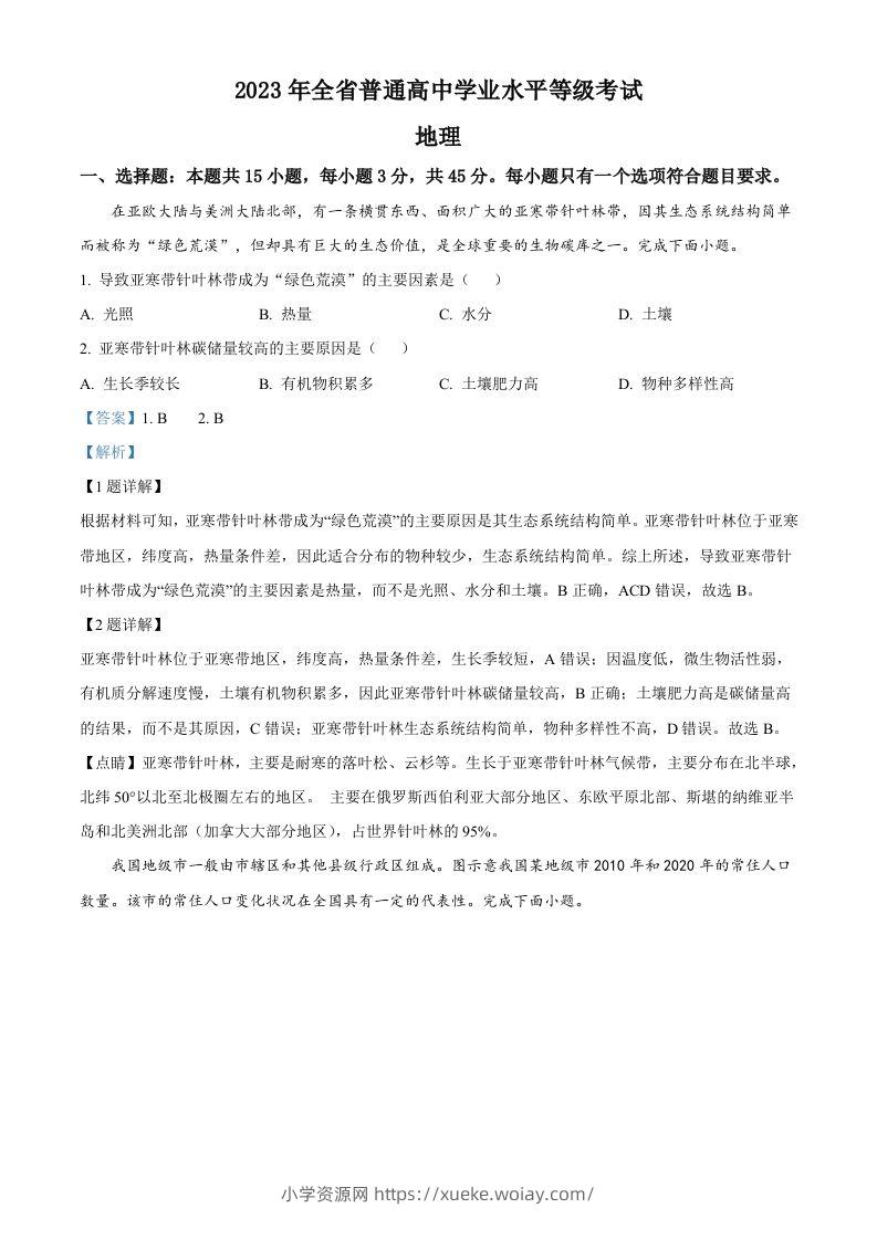 2023年高考地理试卷（山东）（含答案）-六八学科资料网