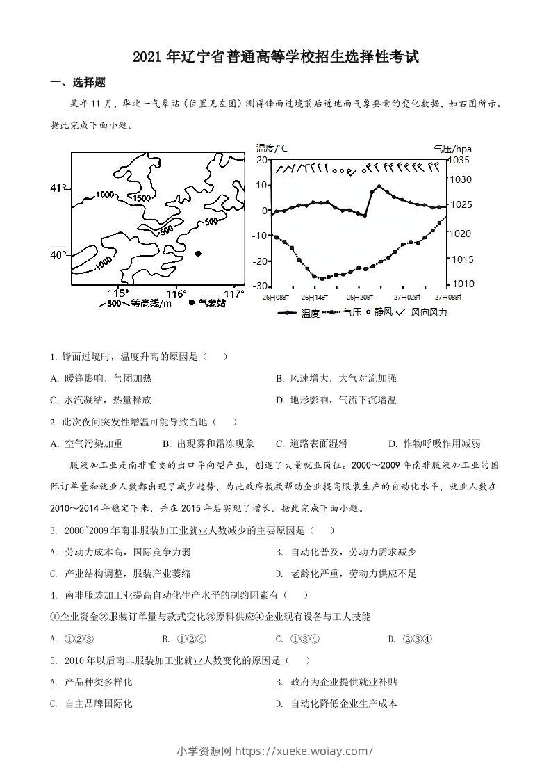 2021年高考地理试卷（辽宁）（空白卷）-六八学科资料网