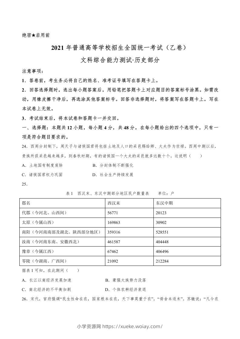2021年高考历史试卷（全国乙卷）（空白卷）-六八学科资料网