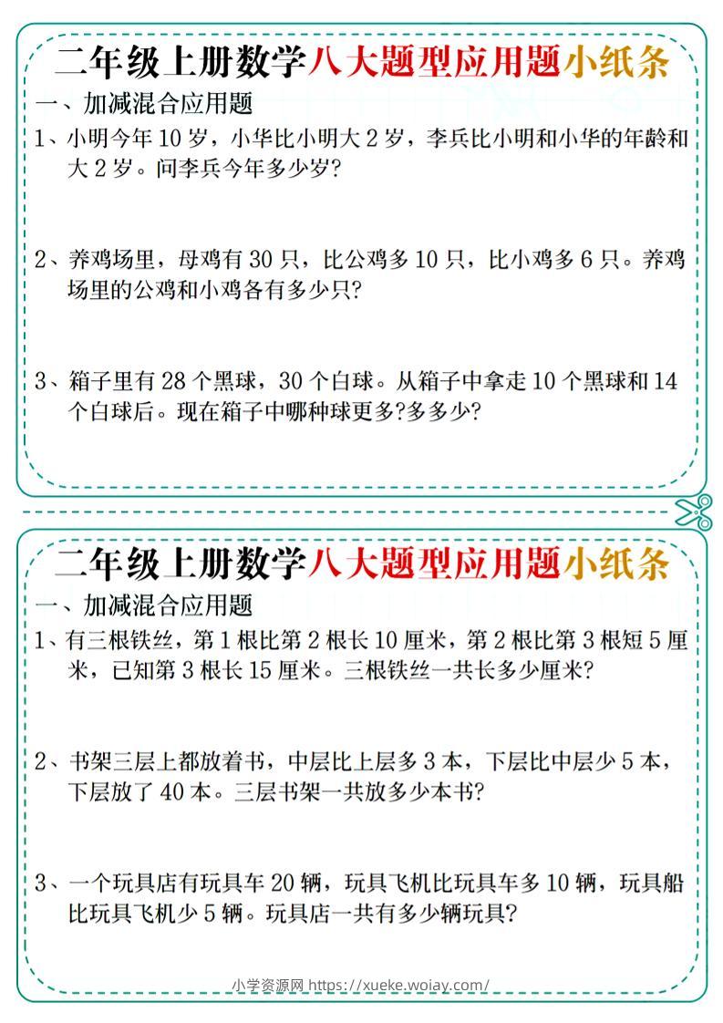 二年级上数学八大题型应用题小纸条-六八学科资料网