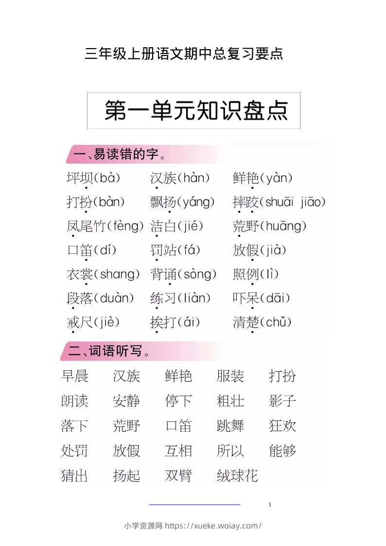三上语文-期中期末考点类汇总-六八学科资料网