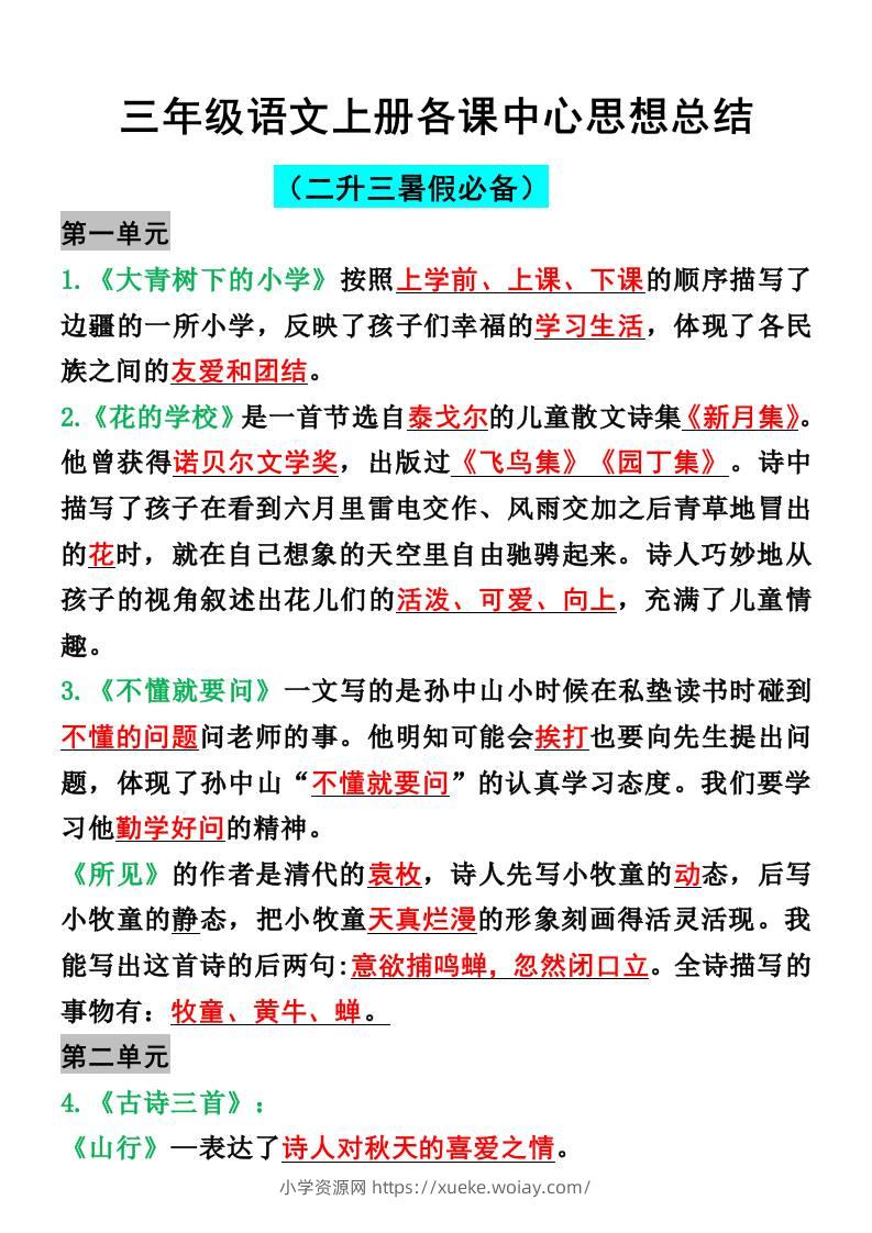 三年级语文上册各课中心思想总结-六八学科资料网