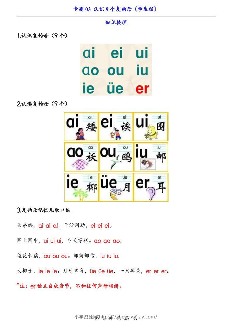 一上语文-专题03认识9个复韵母（知识+训练）-六八学科资料网