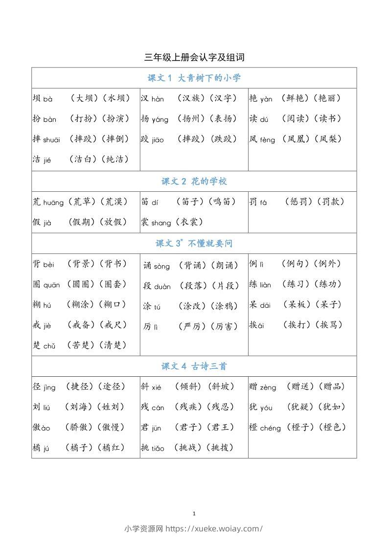 三上语文-识字表生字组词-六八学科资料网