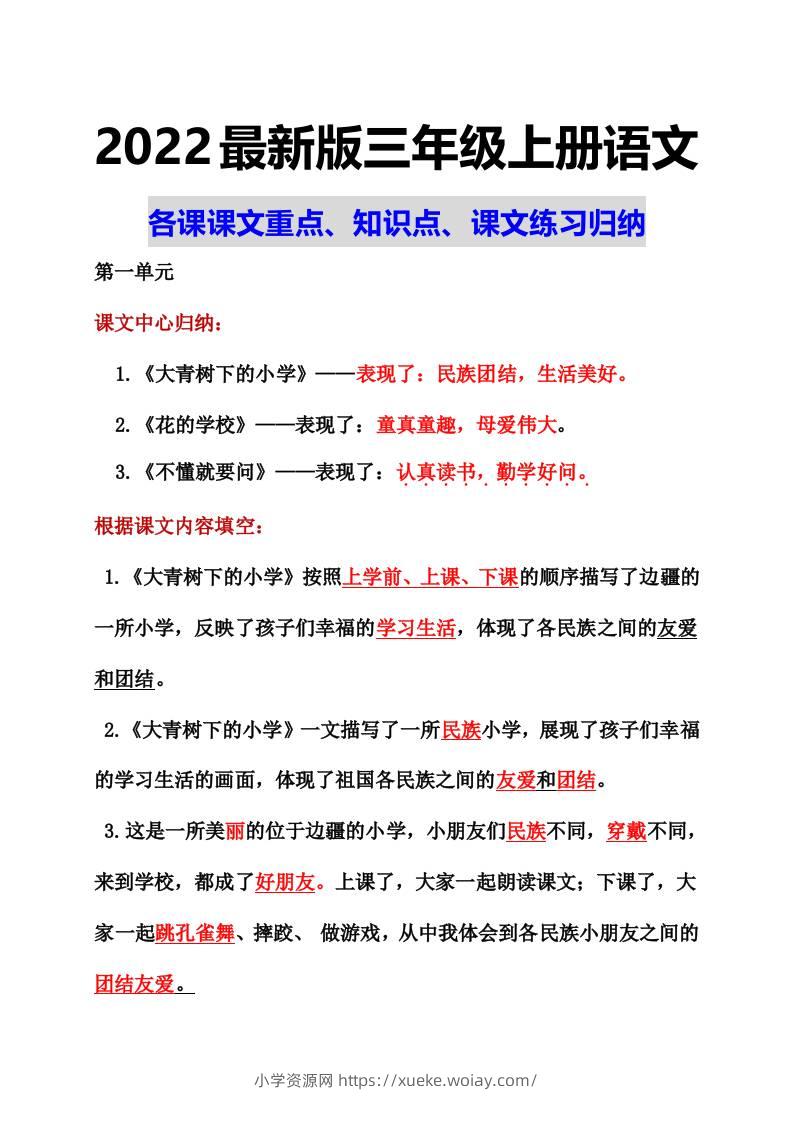 部编语文三年级上册课文重点知识点课文内容练习归纳1-六八学科资料网