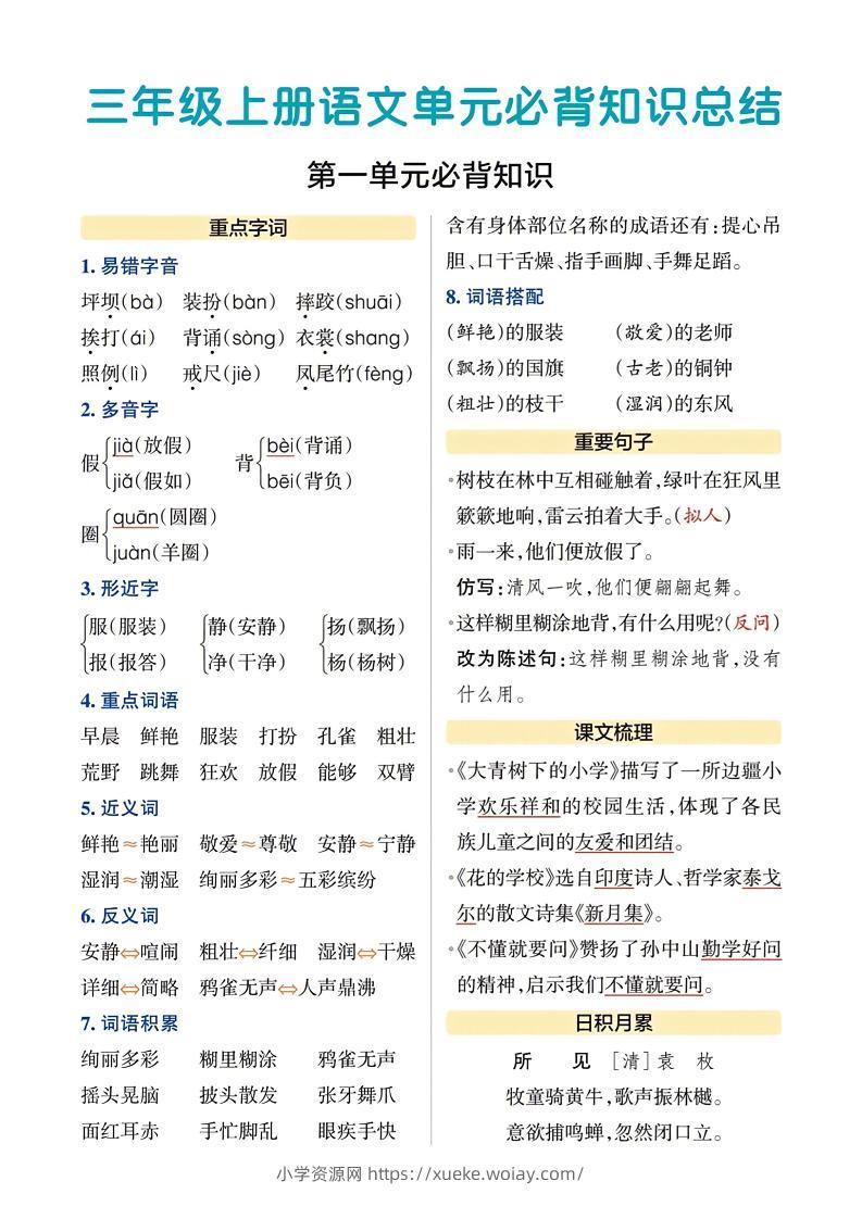 三上语文-期末各单元重点知识-六八学科资料网