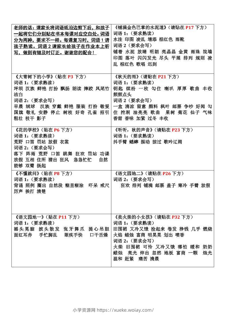三上语文-认读词语书贴-六八学科资料网