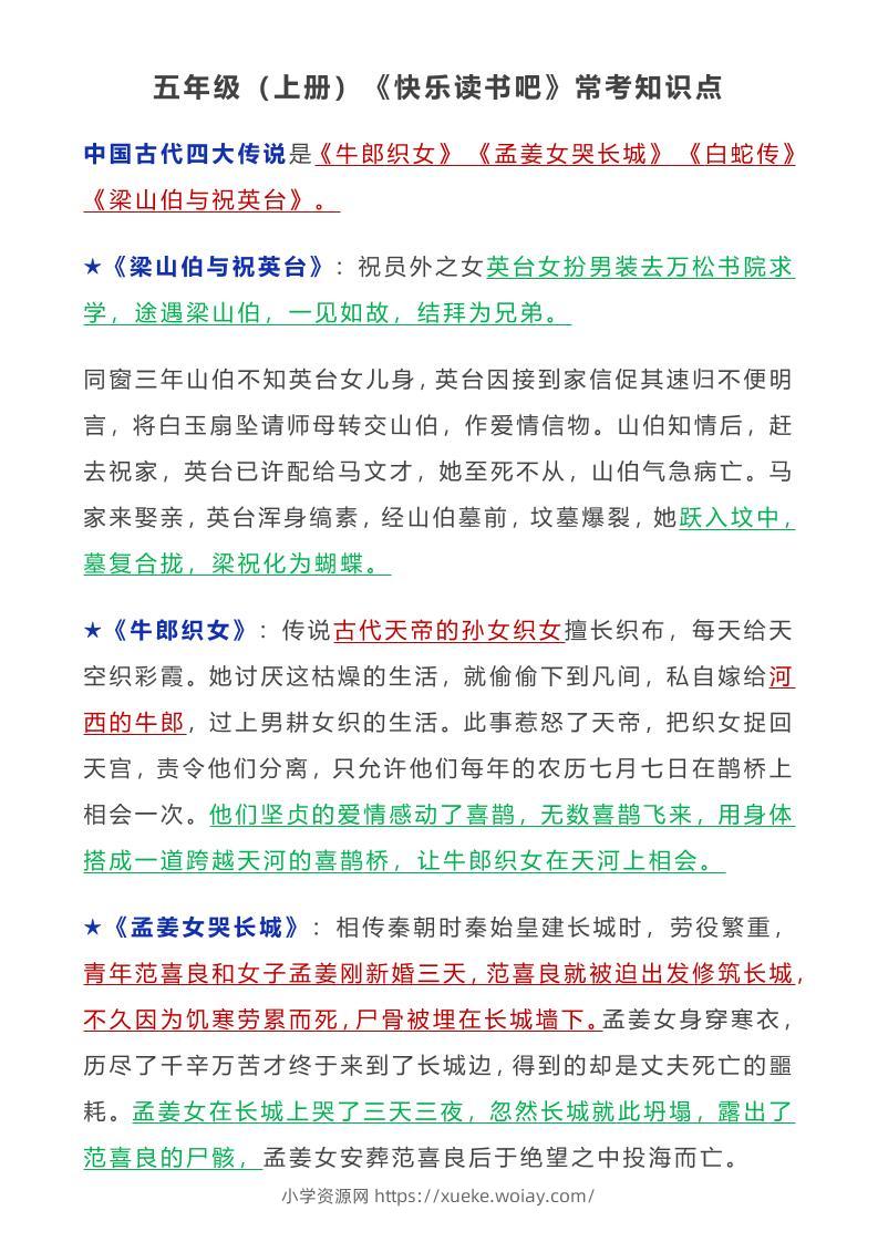 五年级语文上册常考知识点-六八学科资料网