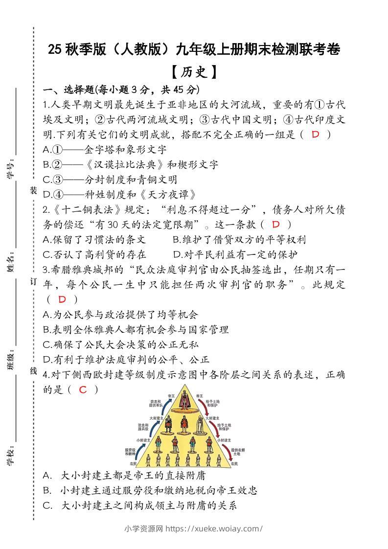 【2025秋新版】九年级【历史】上册期末检测联考卷（含答案）-六八学科资料网