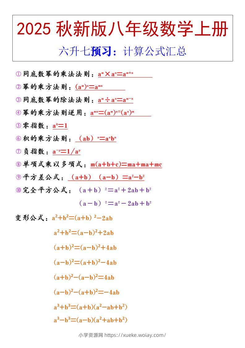 【2025秋新版】八年级上册数学计算公式汇总-六八学科资料网