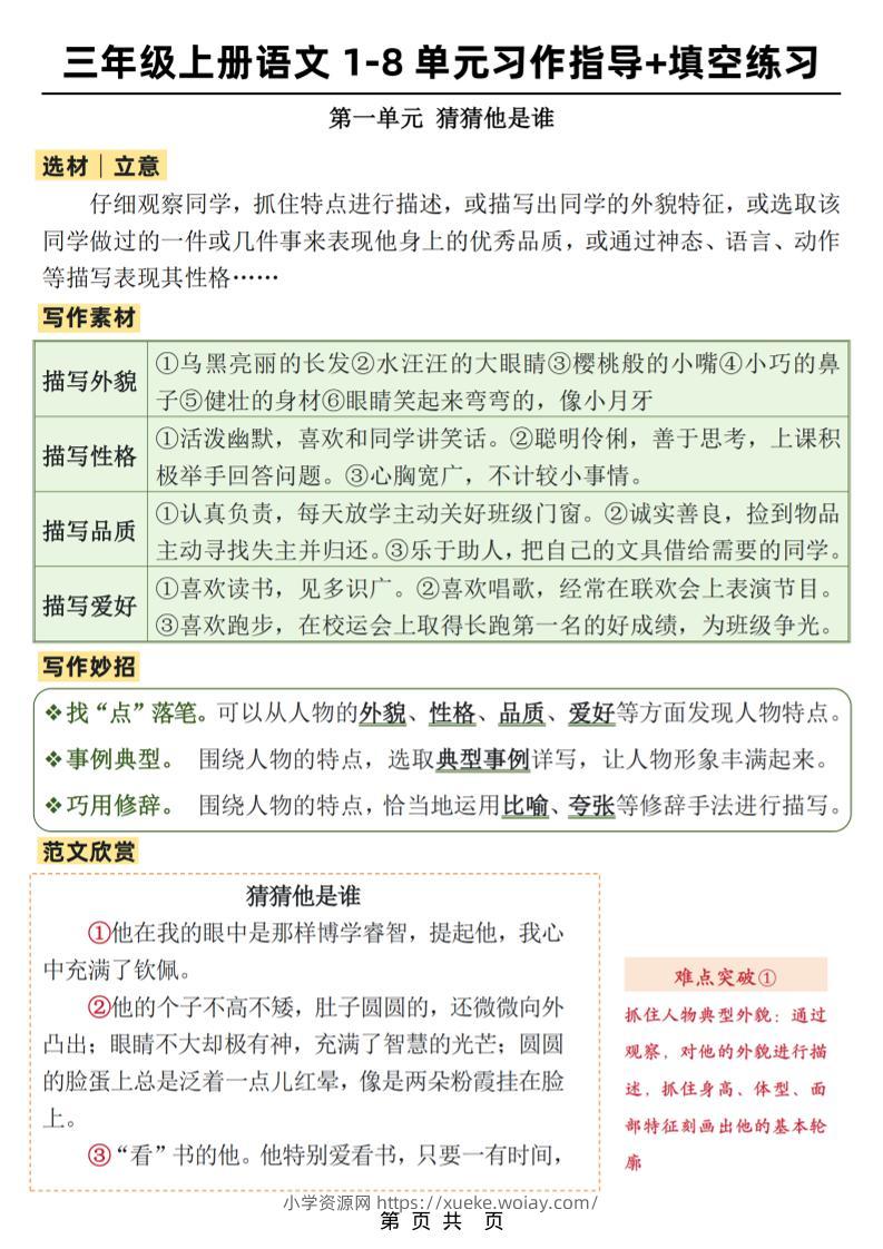 新三上语文1-8单元作文习作指导+填空练习(32页)-六八学科资料网