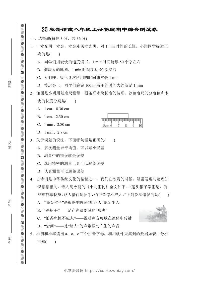 【2025秋新版】八年级上册物理期中综合测试卷-六八学科资料网